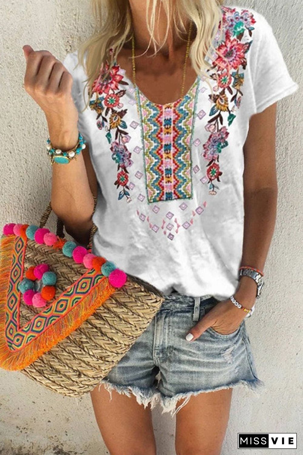 Bohemian Flower Embroidery T-shirt