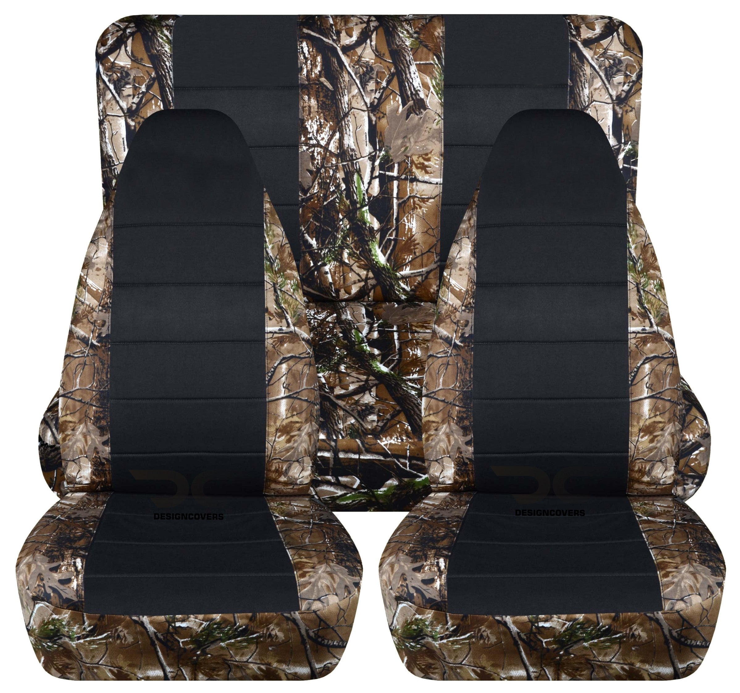 T198-Designcovers Compatible with 1987-1995 Jeep Wrangler YJ Camo 2door Seat Covers: Woods Camouflage and Black - Full Set FrontandRear