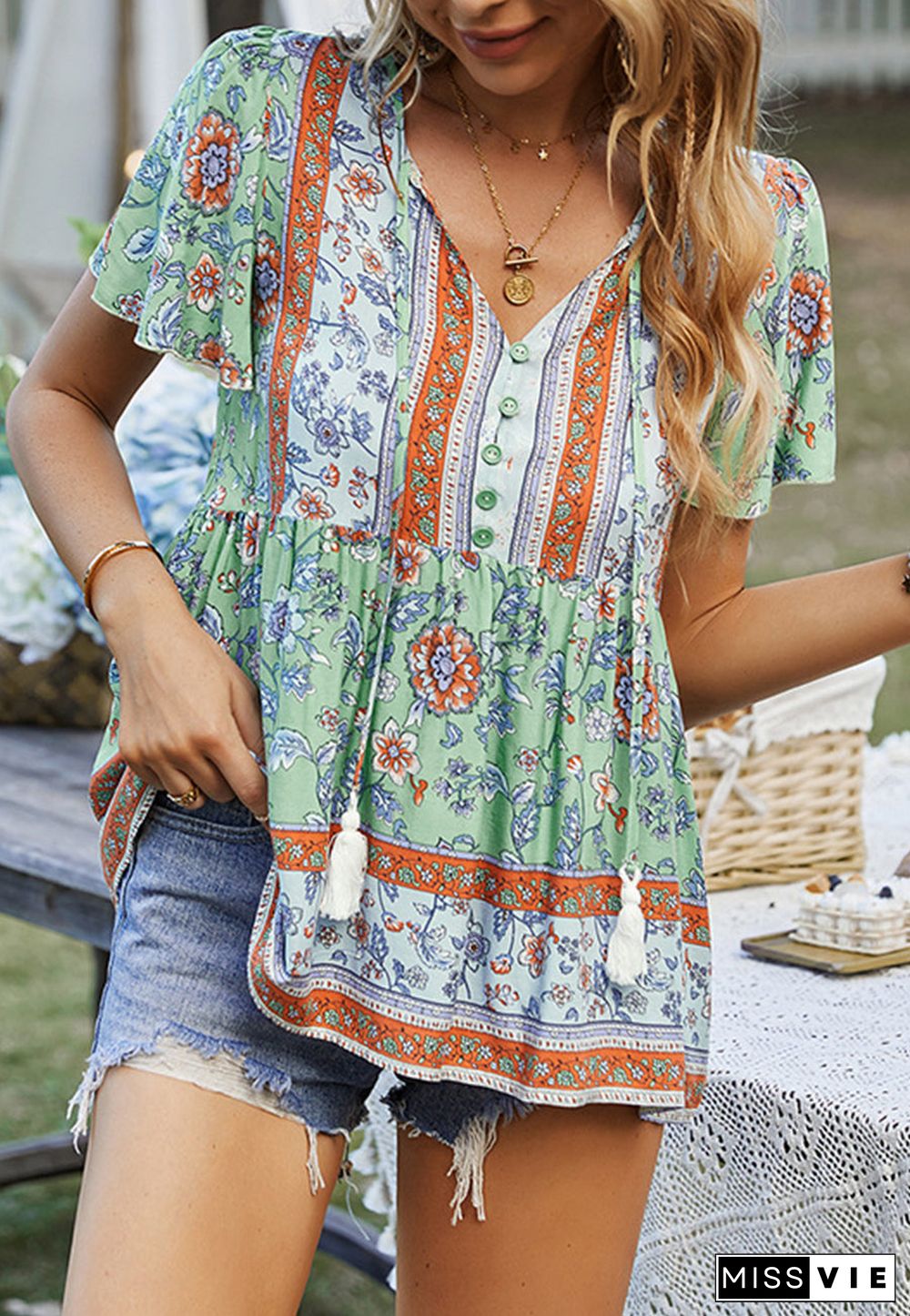 Tie V Neck Peplum Boho Blouse