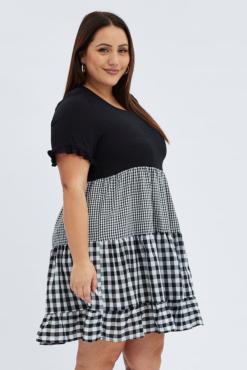 Black Check Mini Dress Short Sleeve Tiered