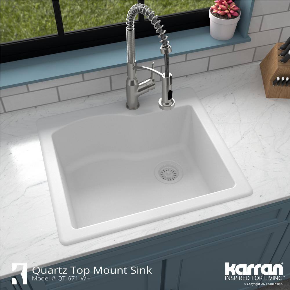 Karran Drop-In Quartz Composite 25 in. 1-Hole Single Bowl Kitchen Sink in White QT-671-WH