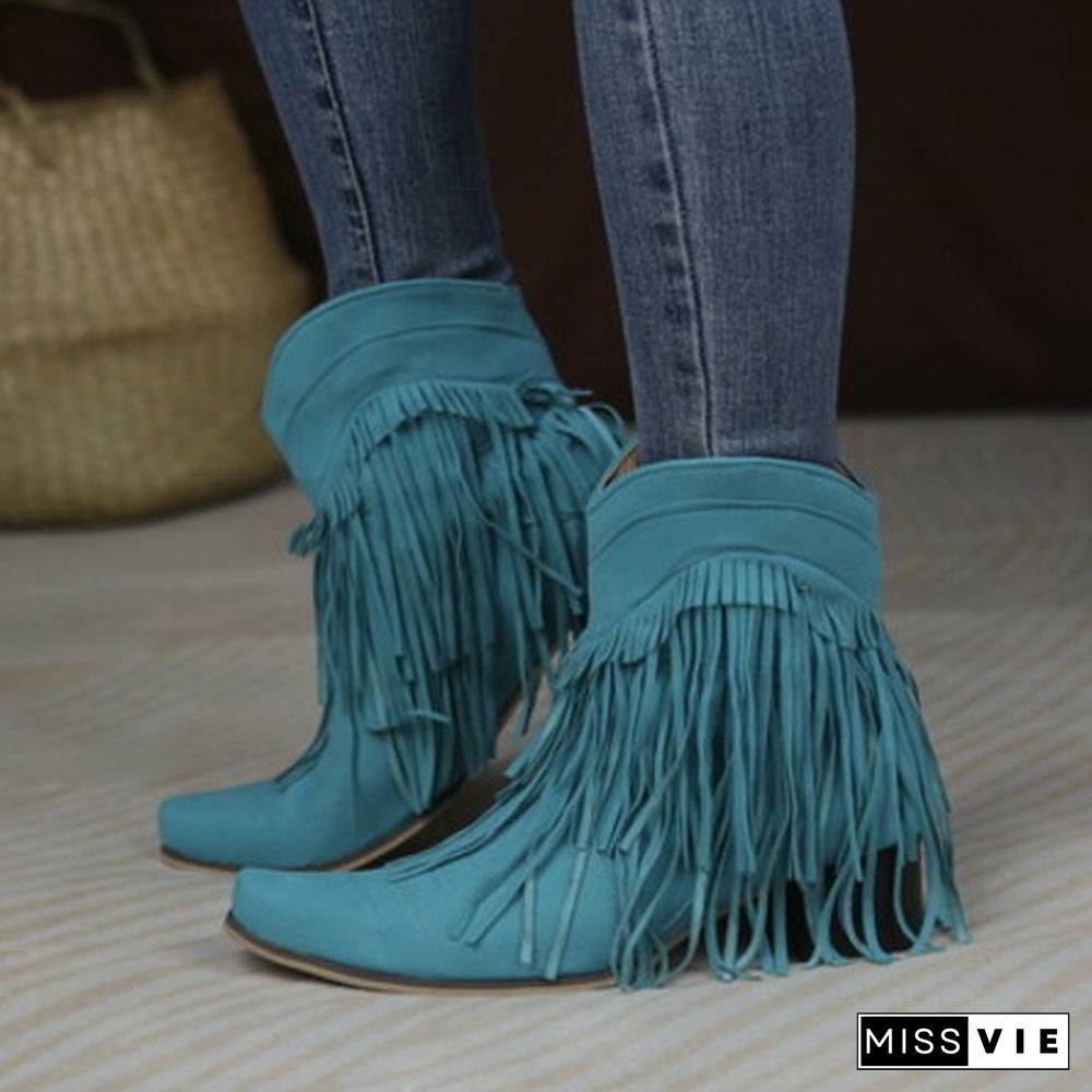 Hollow Tassels Chunky Heels Ankle Boots