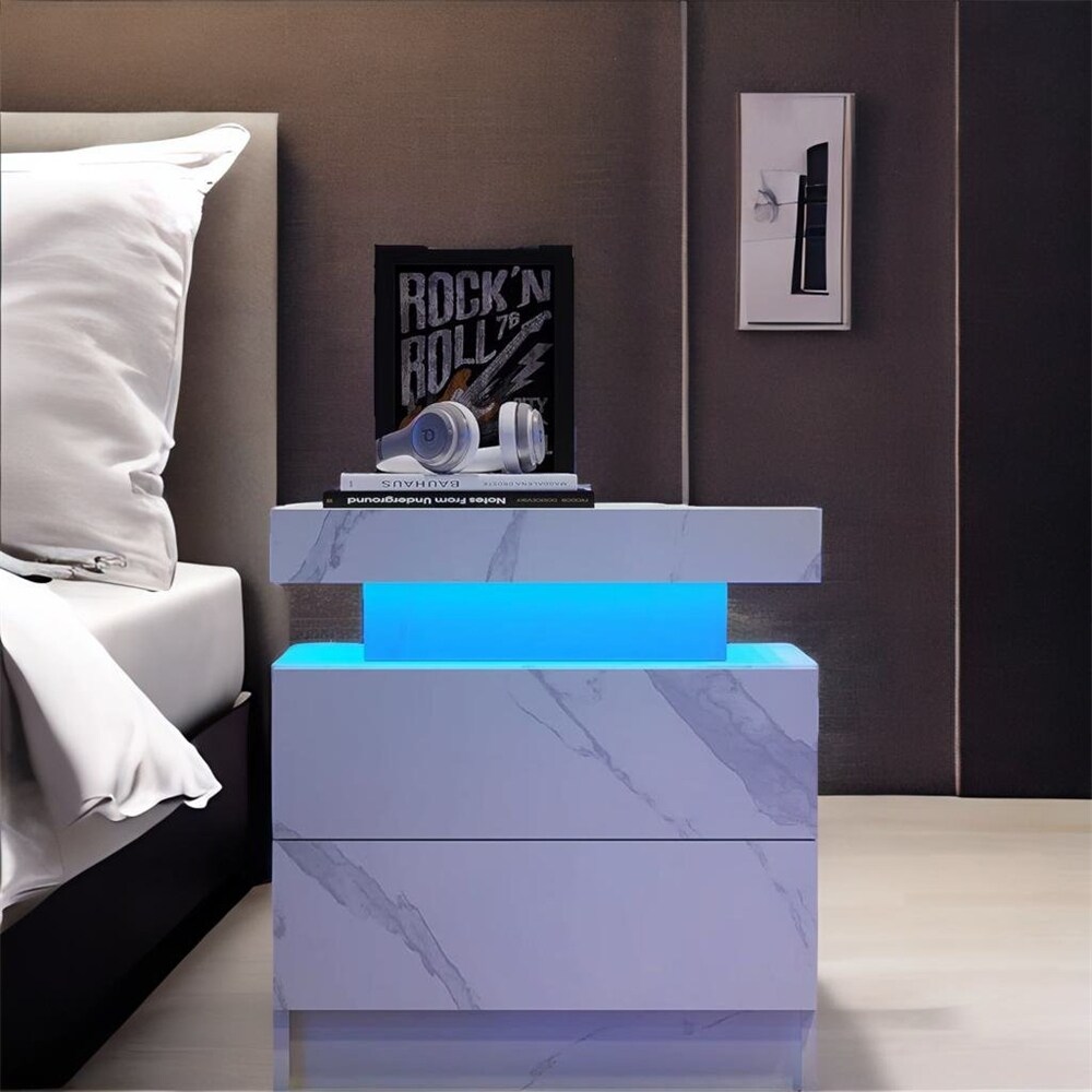 Modern Wood LED Nightstand with 2 Drawers