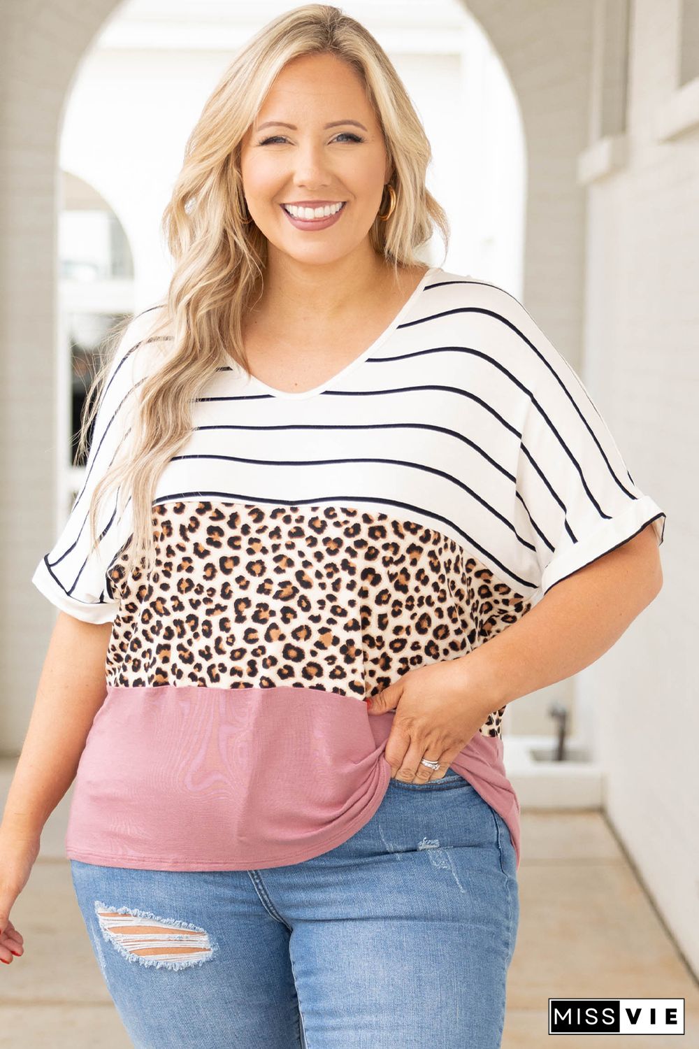 Striped Leopard Color Block Plus Size T-Shirt