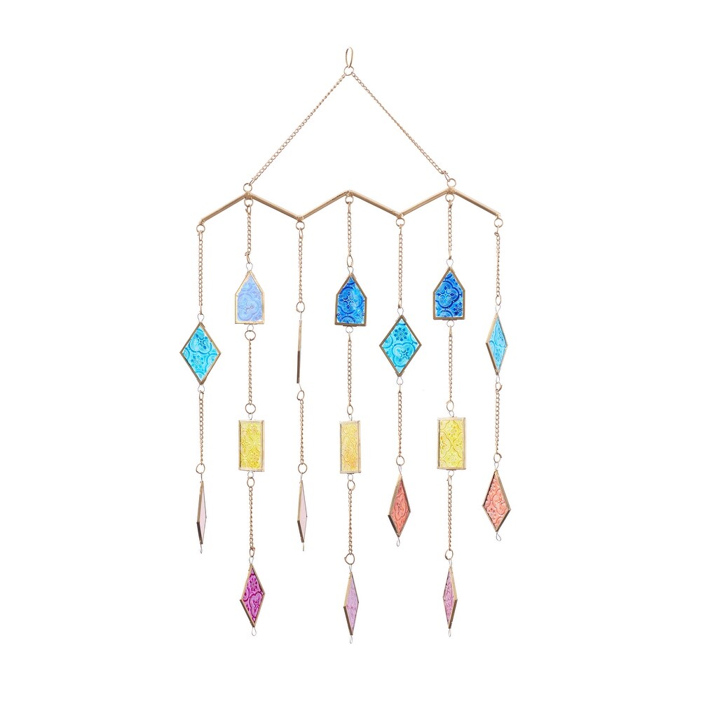 The Novogratz Multi Colored Metal Indoor Outdoor Geometric Windchime with Stained Glass