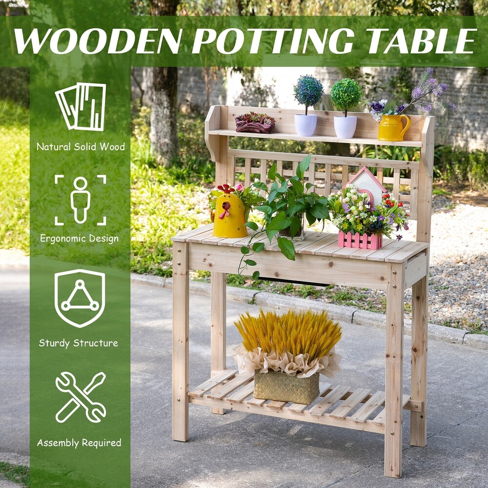 Outsunny 39'' x 18'' x 55'' Wood Garden Potting Work Table with Hidden Storage  Sink Basin    Below Clapboard