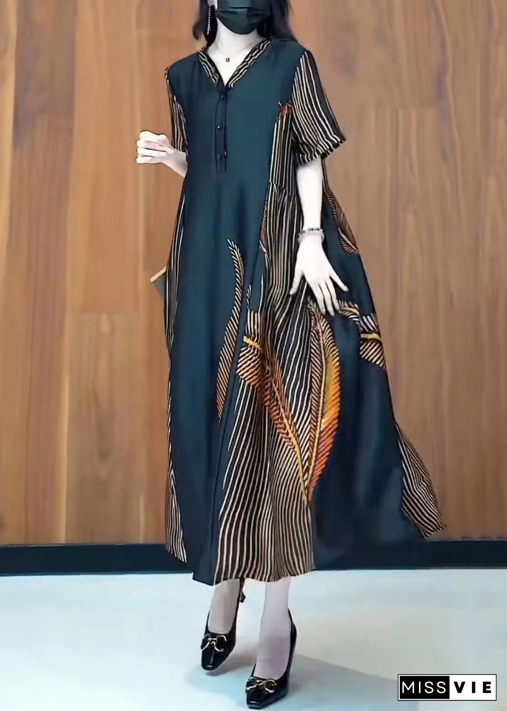 Fashion Black V Neck Print Patchwork Silk Long Dresses Summer