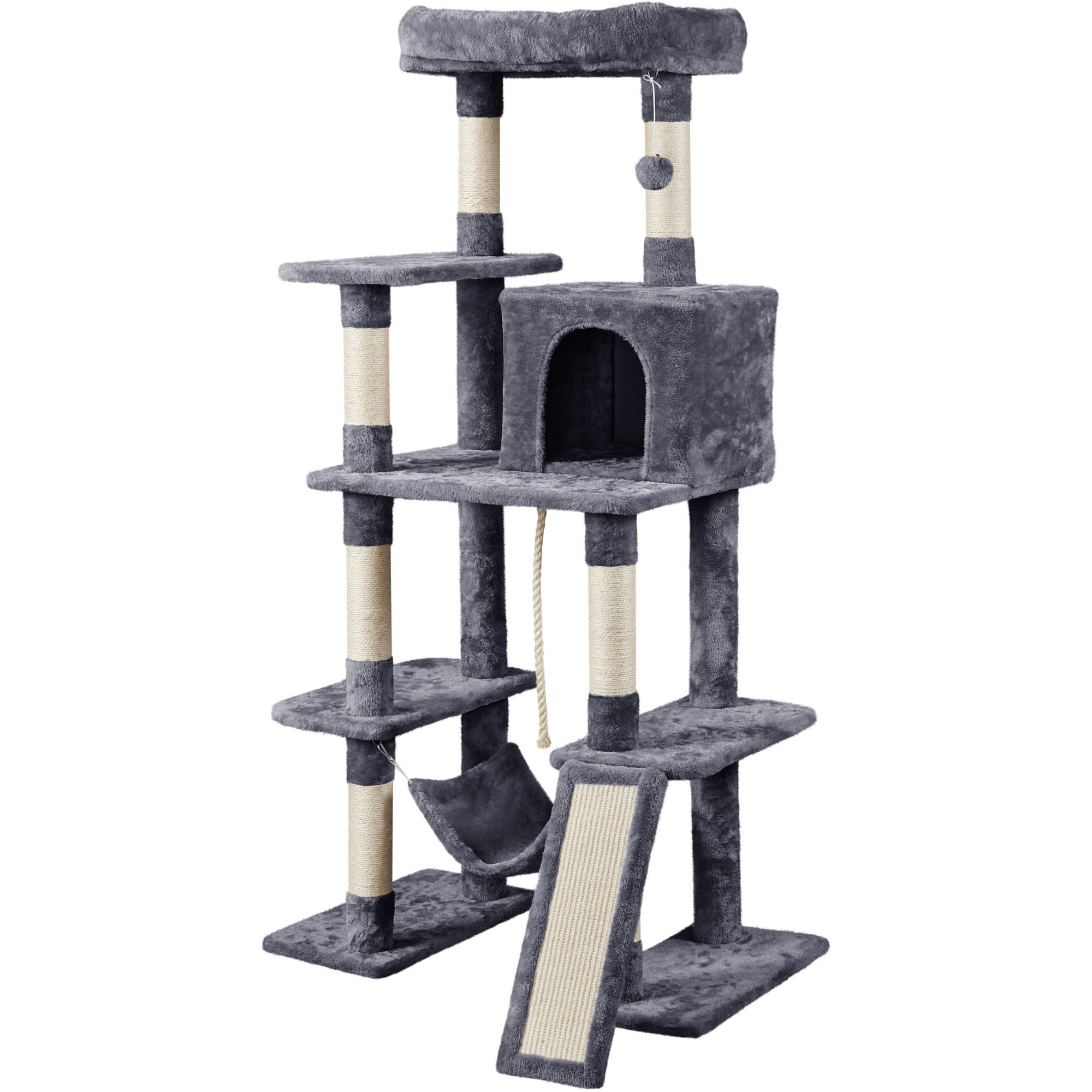 Topeakmart Dark Gray 4-Level Plush Cat Tree with Hammock for Kittens， 63