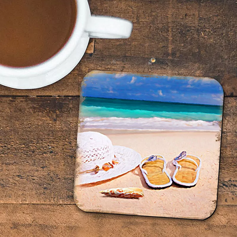 Beach Sandals and Hat Coastal Wooden Cork Coasters Gift Set of 4 by Nature Wonders