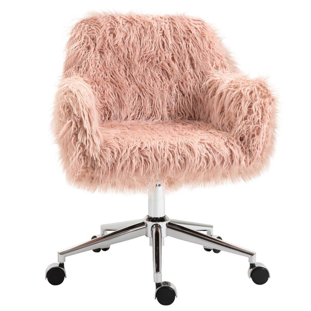 Vinsetto Pink Faux Fur Desk Chair Swivel Vanity Chair with Adjustable Height and Wheels 921-548PK