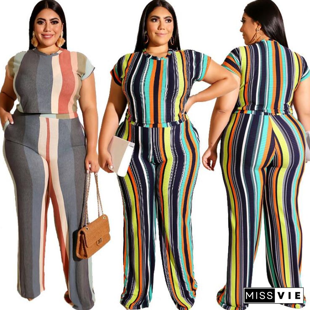 Plus Size Women Stripes Straight-legs Pants Suits 2 Pieces