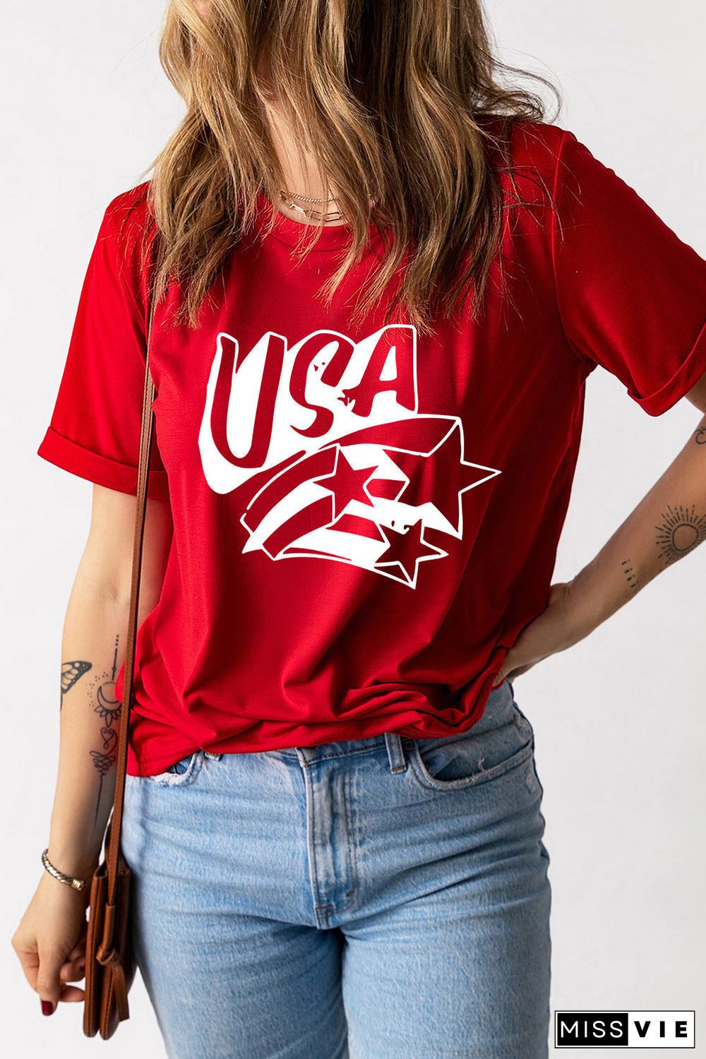 Red USA Stars Graphic Vintage Tee