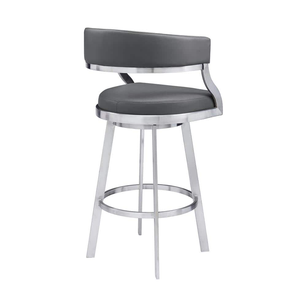 Armen Living Saturn Contemporary 30 in. Bar Height Bar Stool in Brushed Stainless Steel and Grey Faux Leather LCSNBABSGR30