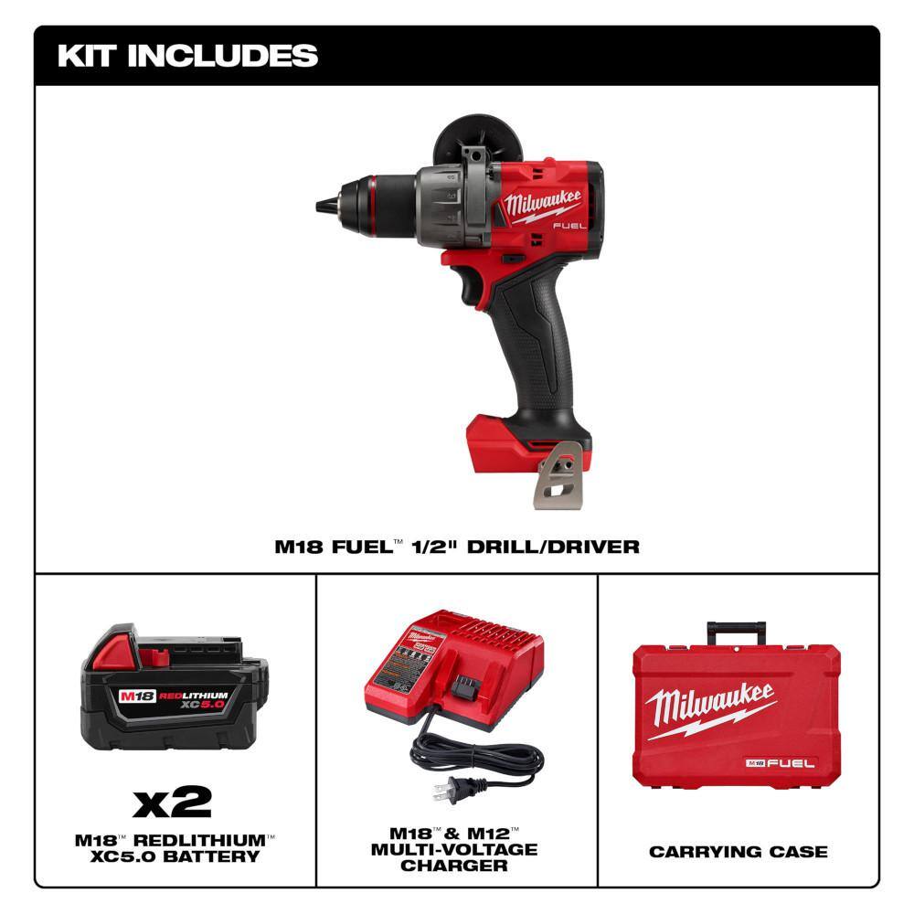 MW M18 FUEL 18V Lithium-Ion Brushless Cordless 12 in. DrillDriver Kit W(2) 5.0Ah Batteries Charger and Hard Case 2903-22