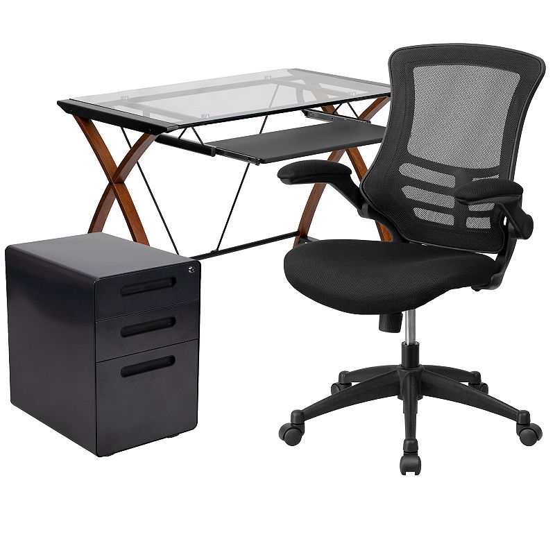 Flash Furniture Glass Top Desk， Office Chair and Filing Cabinet 3-piece Set