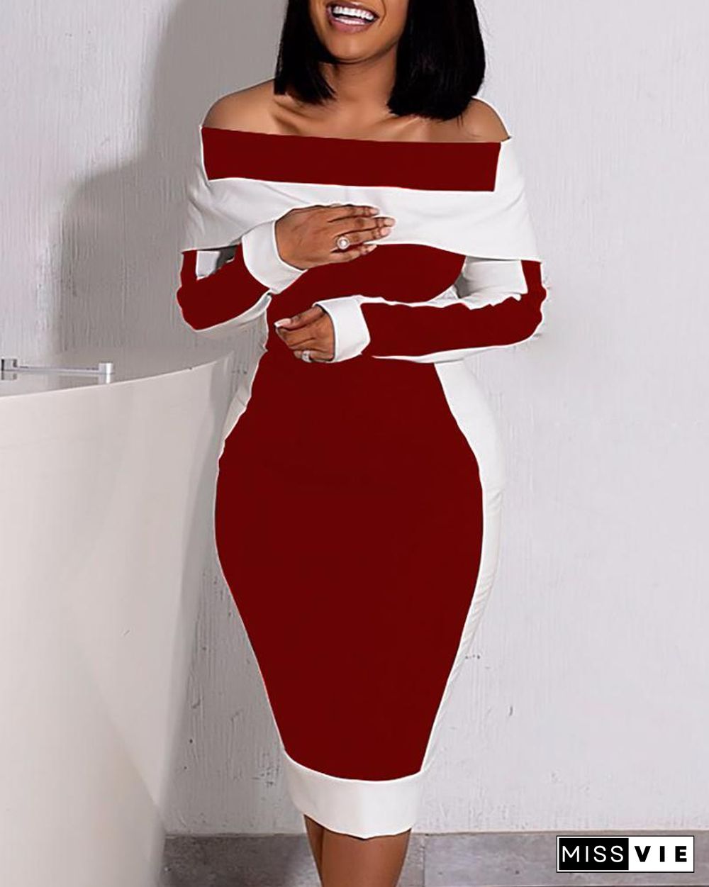 Colorblock Off Shoulder Long Sleeve Dress P10967