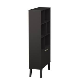 Prepac Milo Mid-Century Modern Bookcase with Inlet Shelves Two Doors and Brushed Brass-Finished Knobs Black BSBL-1418-1