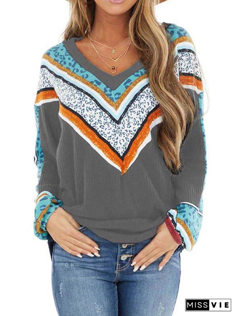 V-Neck Chevron Detail Long Sleeve T-Shirt