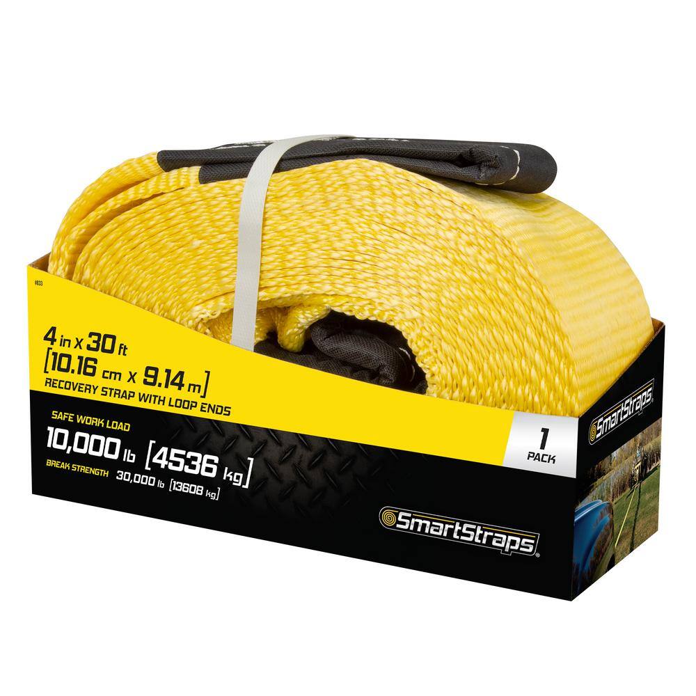 SmartStraps 30 ft. 10000 lb. Working Load Limit Yellow Recovery Tow Rope Strap with Loop Ends 833