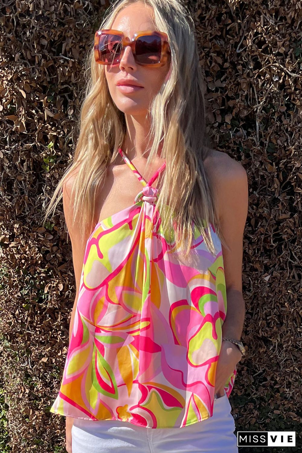 Pink Abstract Floral Print Knotted Halter Tank Top