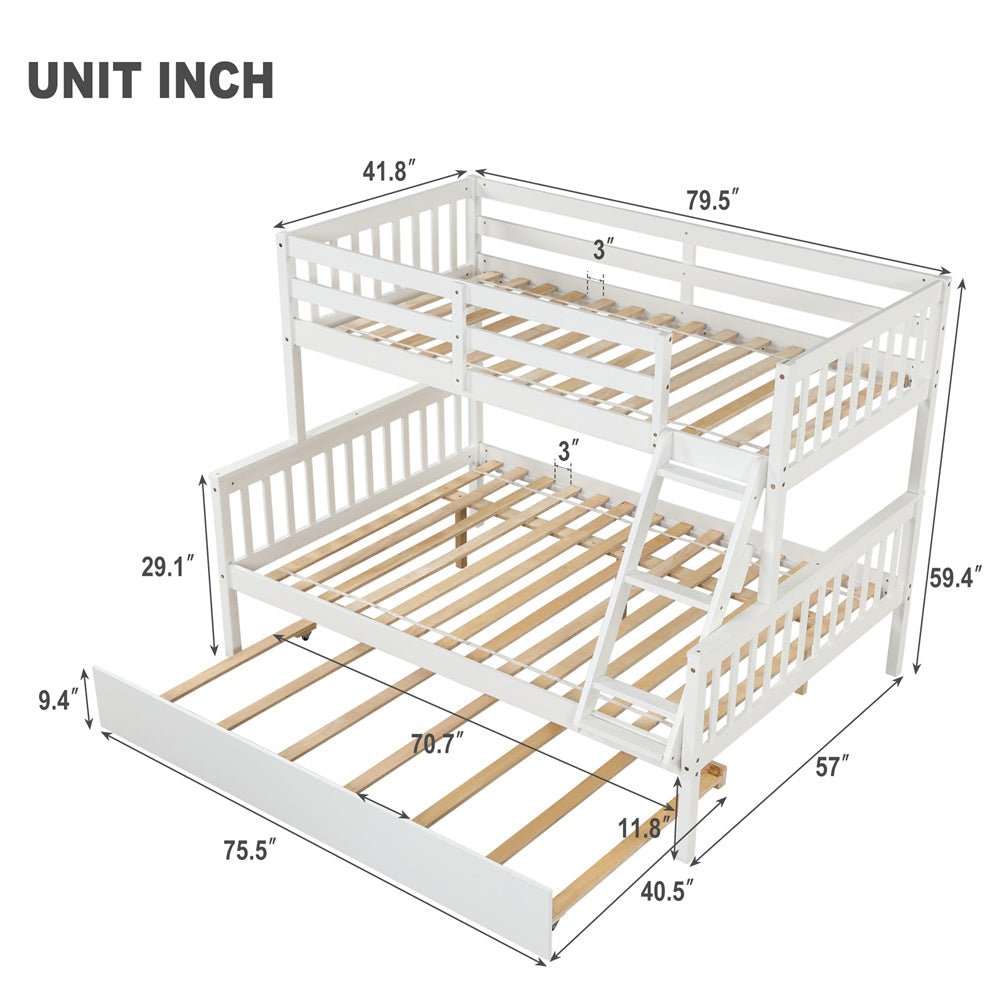 Twin Over Full Bunk Bed with Trundle, Wood Bed Frame with Ladder and Safety Rails for Kids, Teens, Adults, White