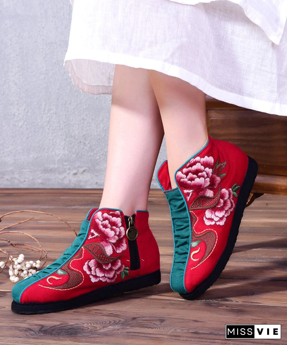 Casual Embroideried zippered Splicing Boots Red Linen Fabric Ankle boots