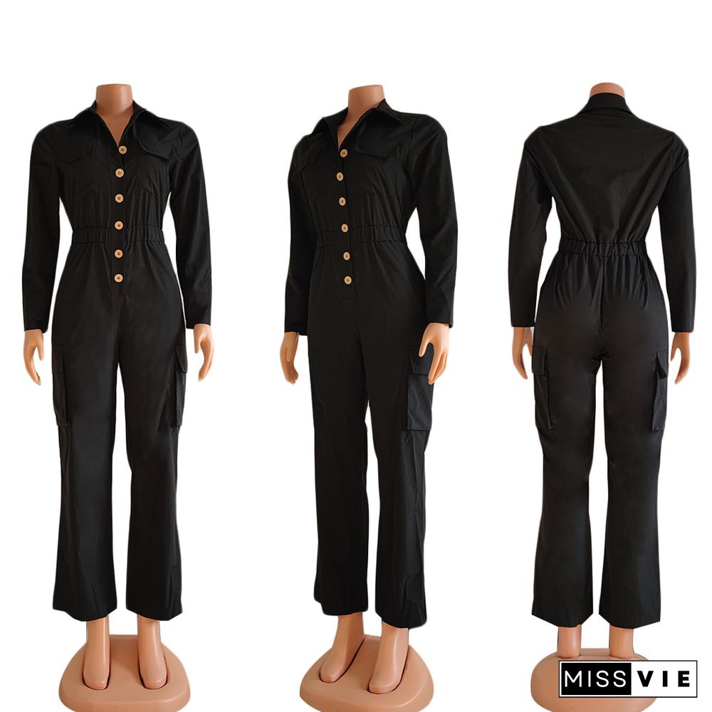 Black Loose Buttons Cargo Long Jumpsuits