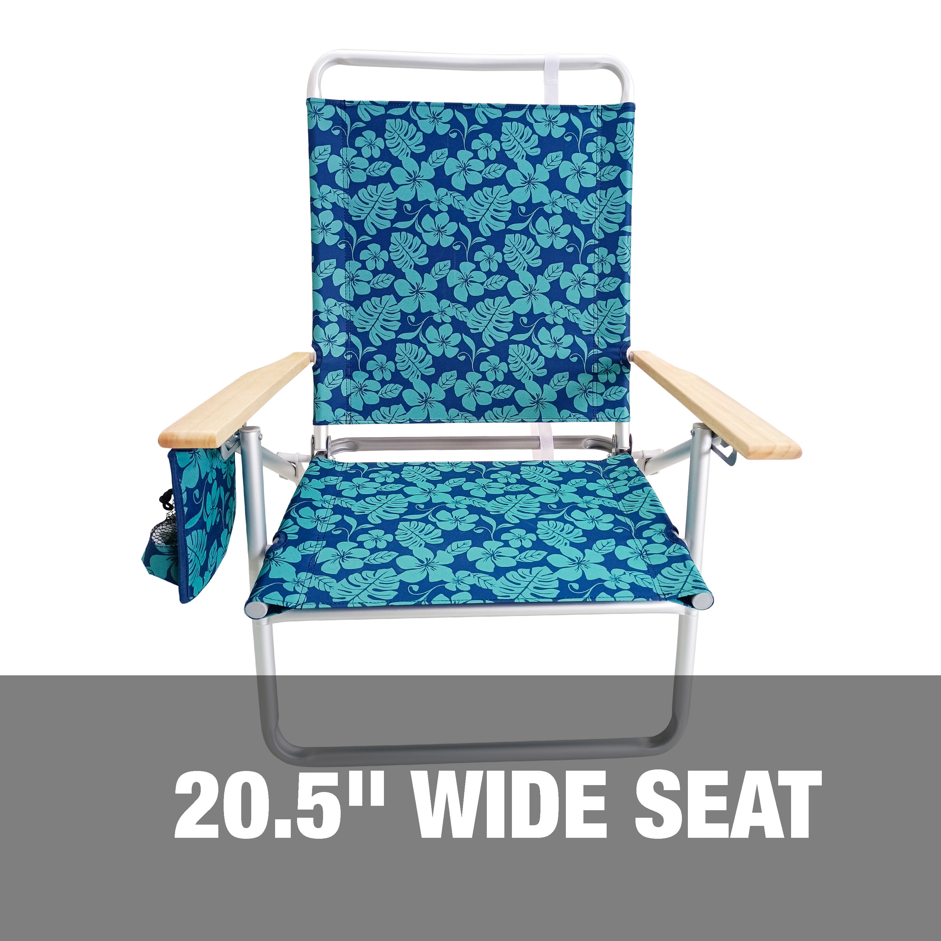 Bliss Hammocks Foldable Beach Chair Side Pocket and Storage Pouch， 3 Reclining Positions， 275 lb. Capacity (Blue Flowers)