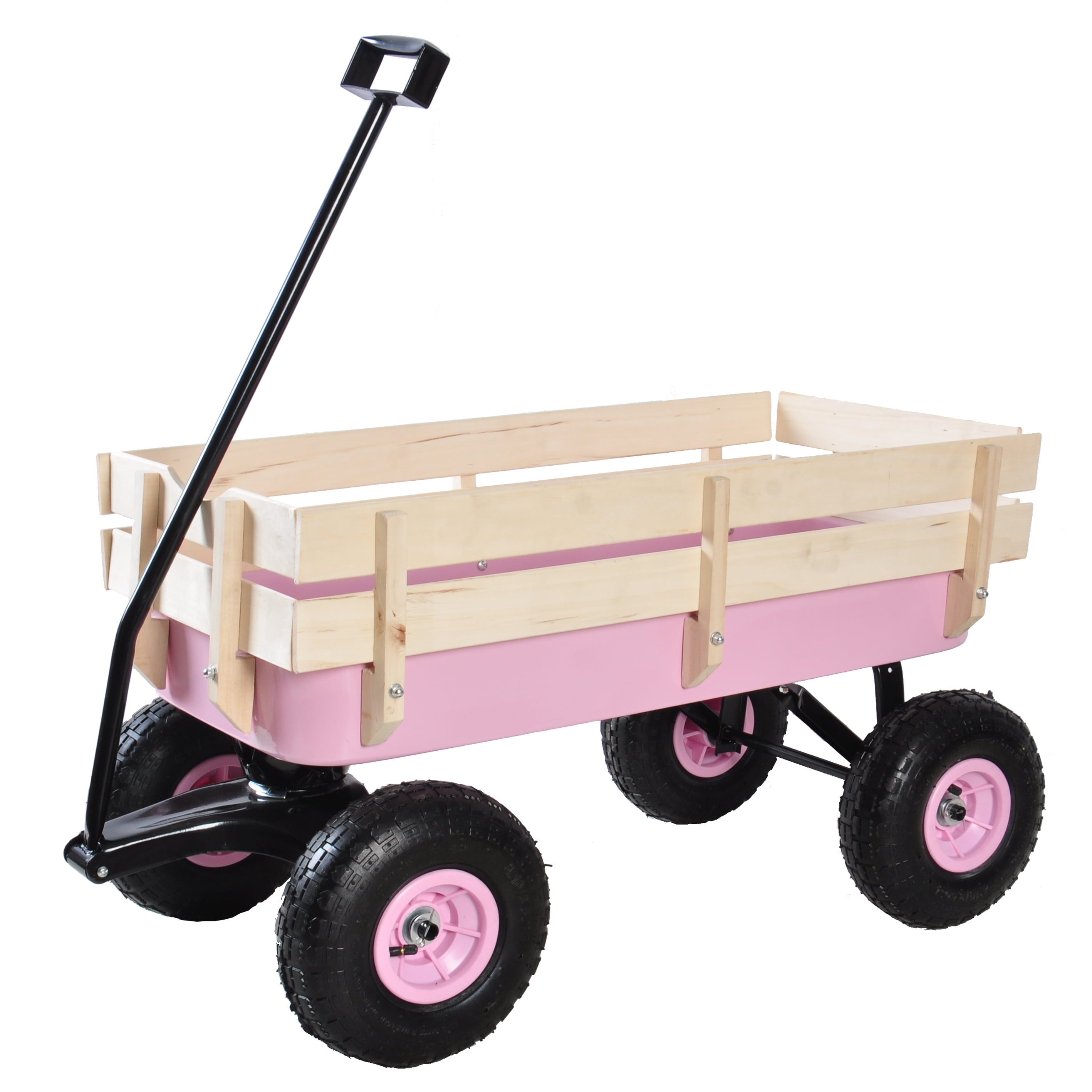 Toy Wagons for Kids, All Terrain Utility Wagon with Removable Wooden Railing and Rubber Wheels, Outdoor Toy Wagons for Kids to Pull, Beach Wagon for Camping Shopping, Pink