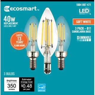 EcoSmart 40-Watt Equivalent B11 Dimmable E12 Candelabra ENERGY STAR Clear Glass LED Vintage Edison Light Bulb Soft White (3-Pack) FG-04067