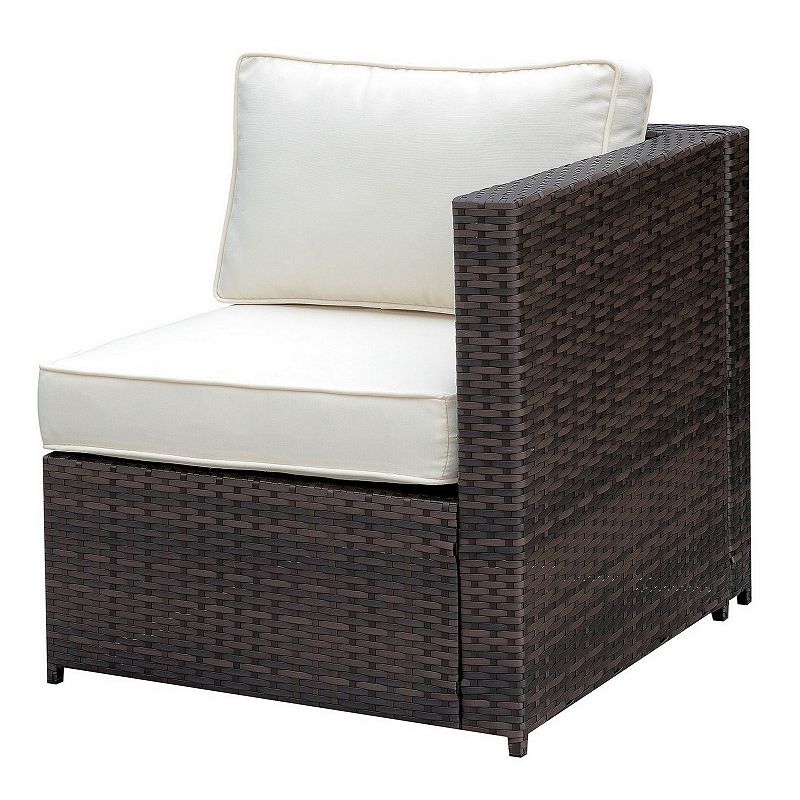 Faux Rattan Left Arm Chair with Seat and Back Cushions， Brown And Ivory