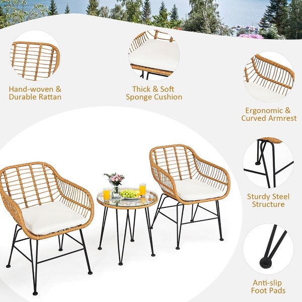 Costway 3PCS Patio Rattan Bistro Furniture Set Cushioned Chair Table