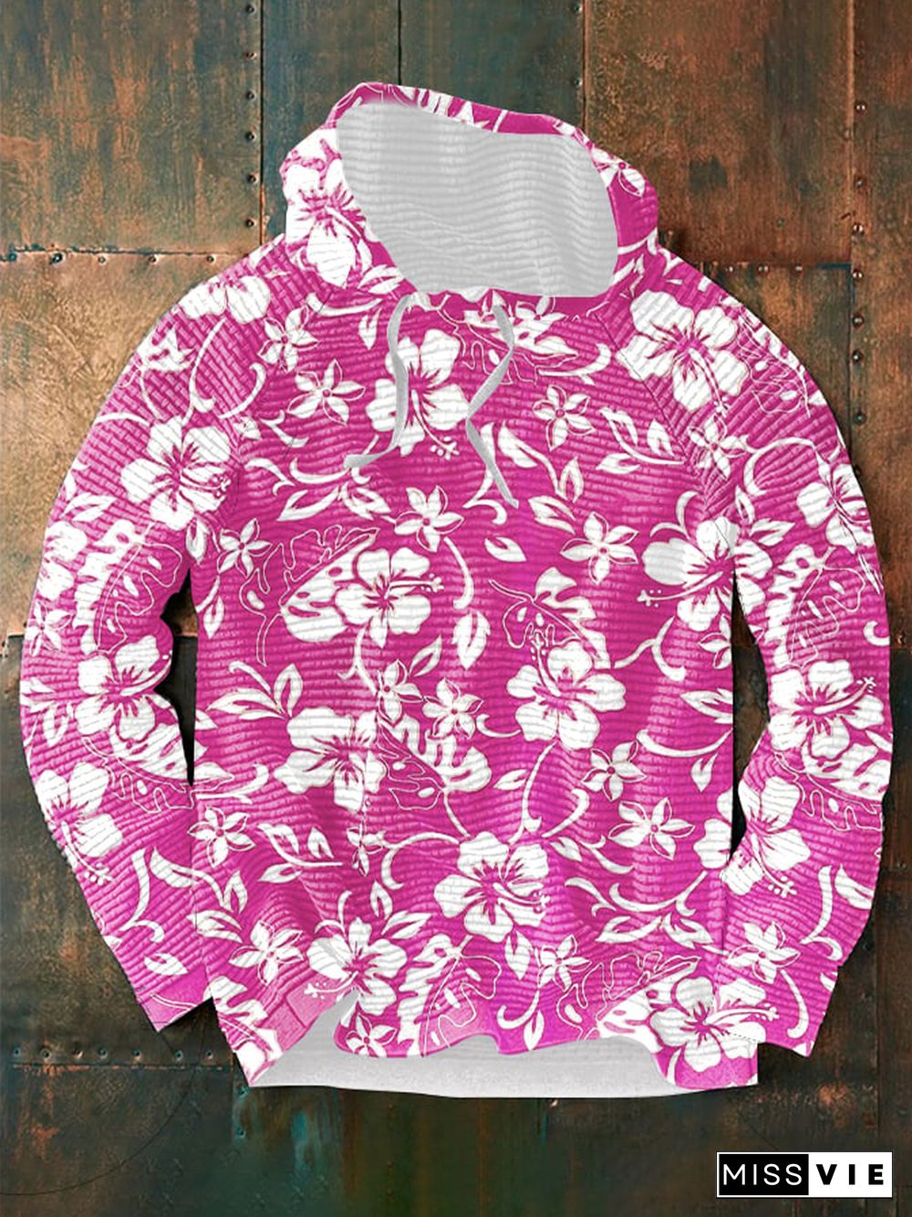 Men's Christmas Hawaiian Mele Kalikimaka Hibiscus Print Waffle Hooded Sweatshirt