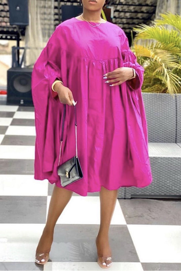 Casual Loose Solid Color Ruffle Plus Size Midi Bat Dress