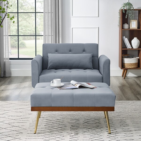 Wood Frame Recline Sofa Chair with Ottoman and 2 Arm Pocket