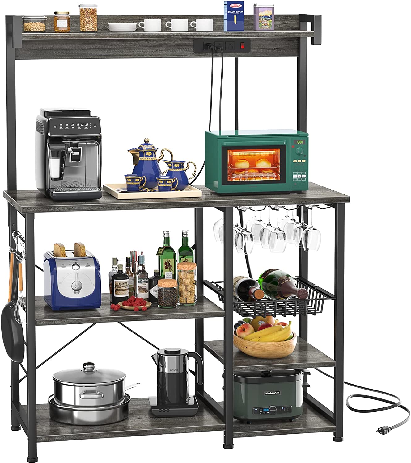 Bakers Rack with Power Outlet, Microwave Stand, Kitchen Storage Shelf with Wire Basket, Coffee Bar Station with Wine Glass Holder, 35.4