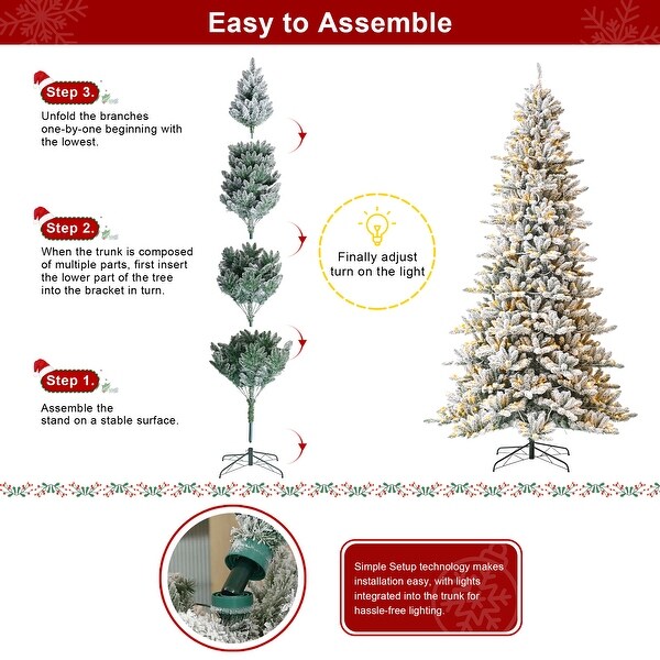 Glitzhome 6FT/7.5FT/9FT/11FT Snow Flocked Prelit Artificial Fir Christmas Trees