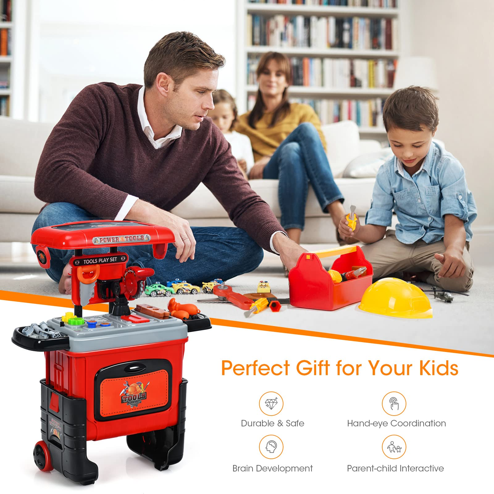 Costzon 2 in 1 Kids Tool Workbench Toy Set, Portable Construction Toy w/ Trolley Case Set for Toddlers