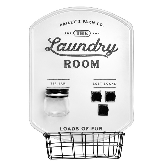 Auldhome Design Farmhouse Enamelware Laundry Room Sign 7pc Set W Lost Socks Clips Tip Jar Basket