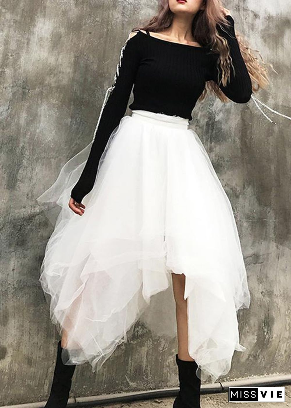 Organic White High Waist asymmetrical design Summer tulle Skirt