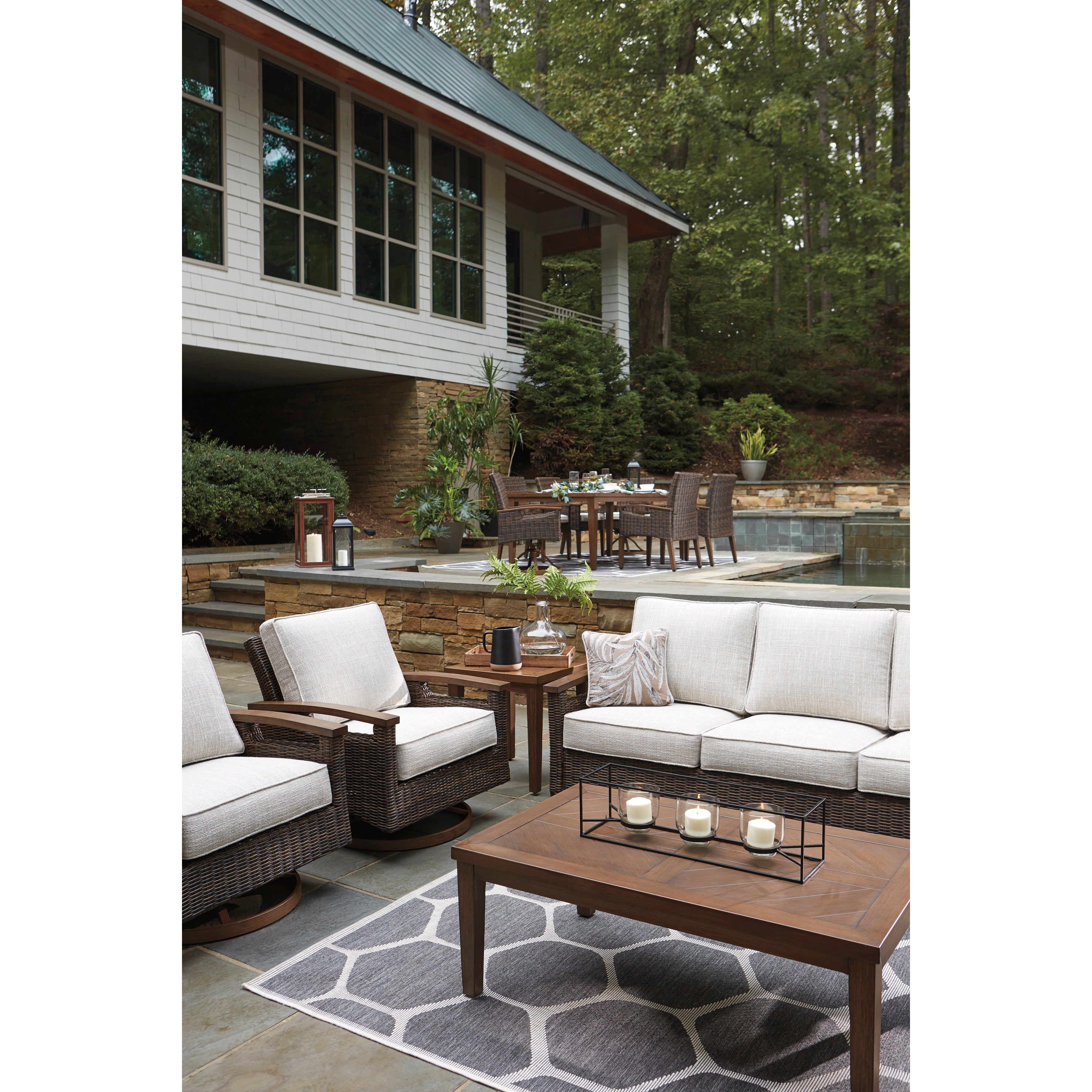 Sea Cliff 4pc Outdoor Seating Set:Sofa + 2 Swivel Rocker Club Chairs + Firepit