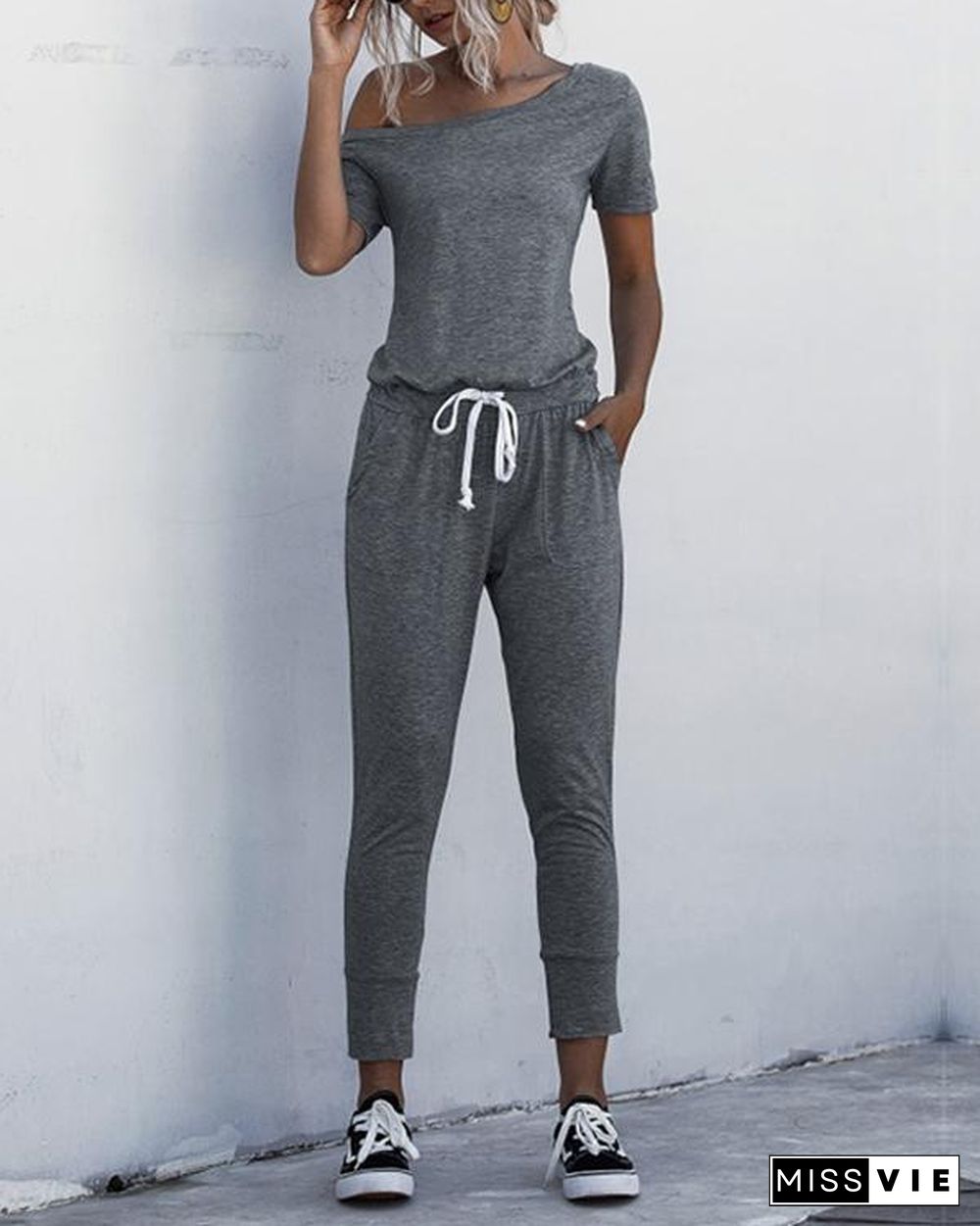 Asymmetric Neck Drawstring Waist Jumpsuit