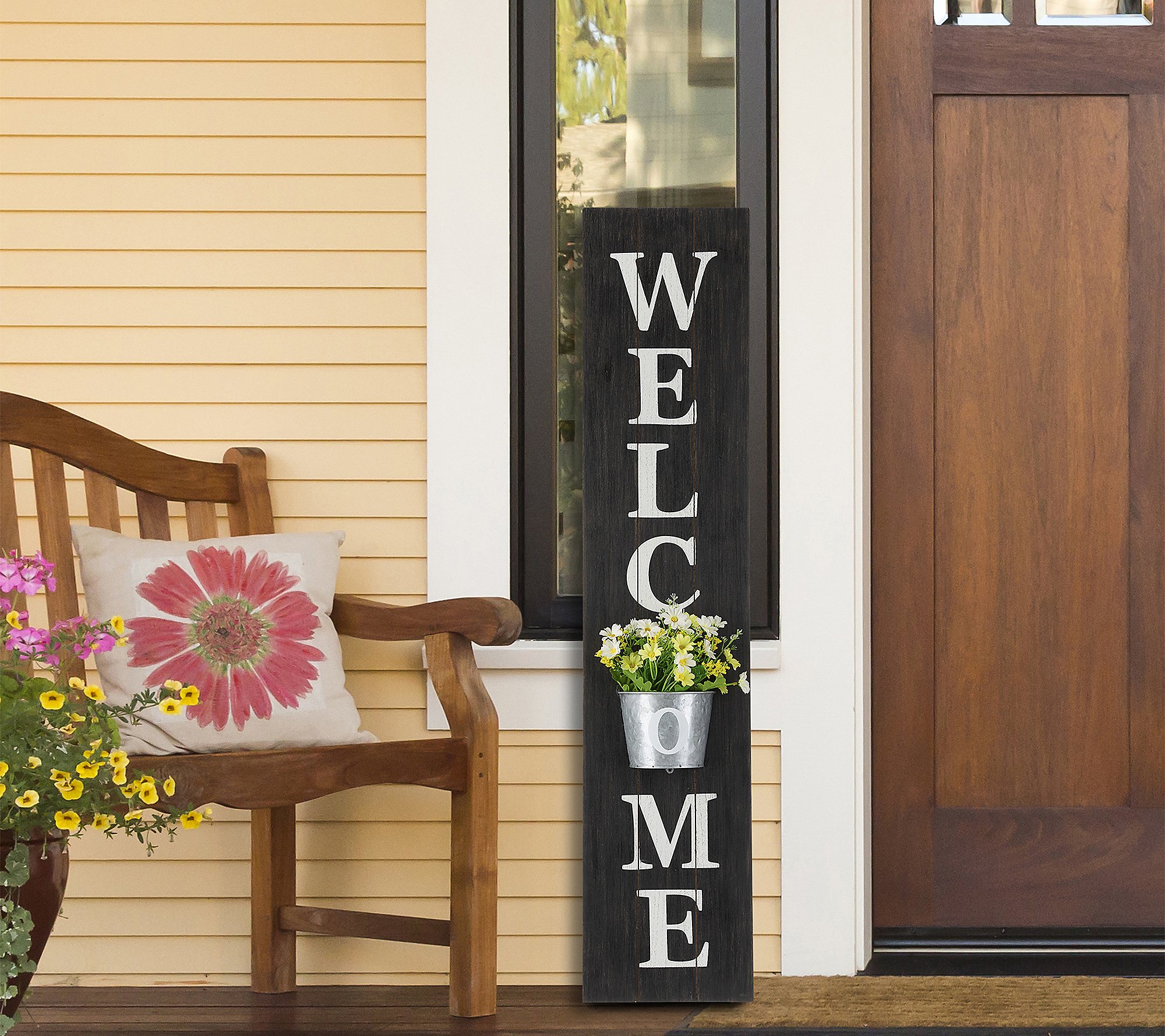 Glitzhome Wooden Black Welcome Porch Sign with Metal Planter