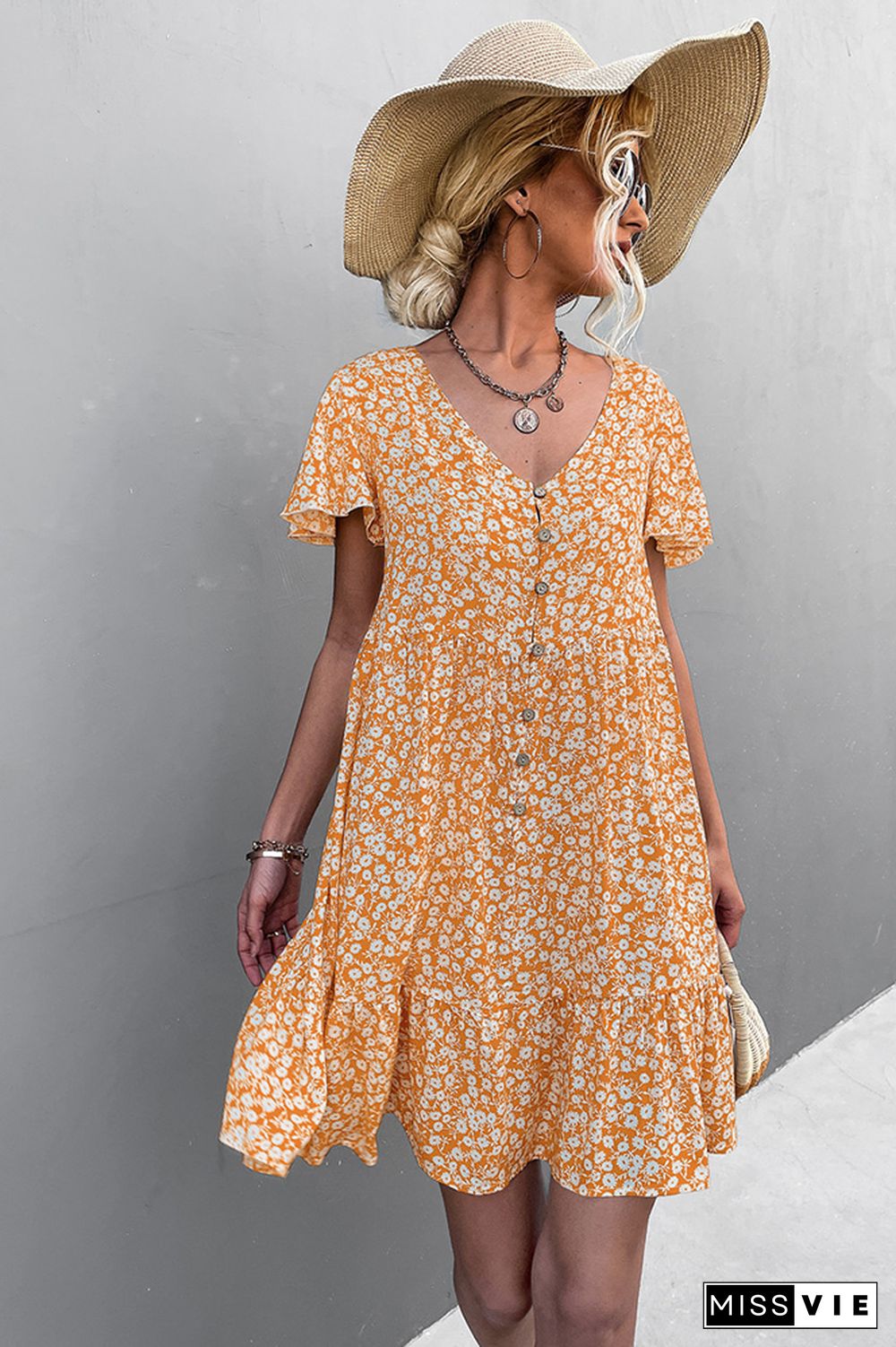 Ruffle Sleeves V Neck Floral Dress Wholesale