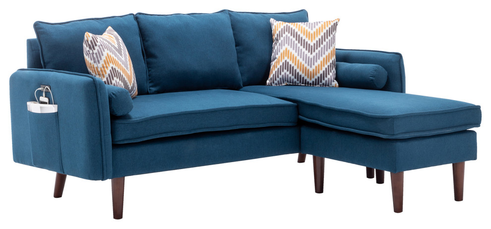 Mia Blue Linen Sectional Sofa Chaise With USB Charger  ampPillows   Midcentury   Sectional Sofas   by Lilola Home  Houzz