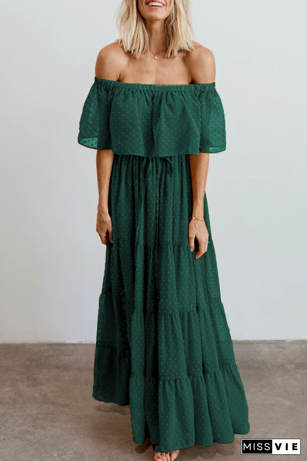 Green Off Shoulder Ruffle Swiss Dot Maxi Dress