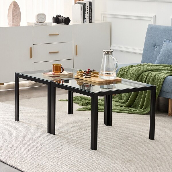 Coffee Table Set of 2，Square with Tempered Glass Finish