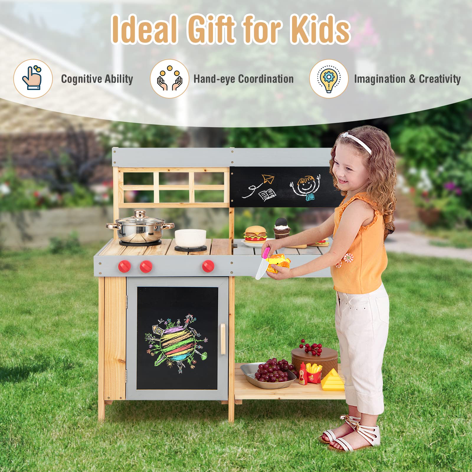 HONEY JOY Kids Mud Kitchen, Wooden Backyard Pretend Play Kitchen for Toddlers w/Chalkboard