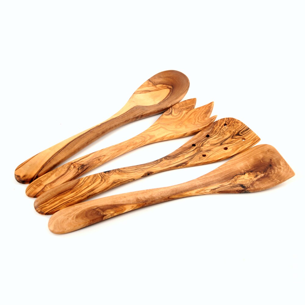 Handmade Olive Wood Kitchen Utensil Set of 4 (Spoon  Spork  Pierced Spatula  Spatula)