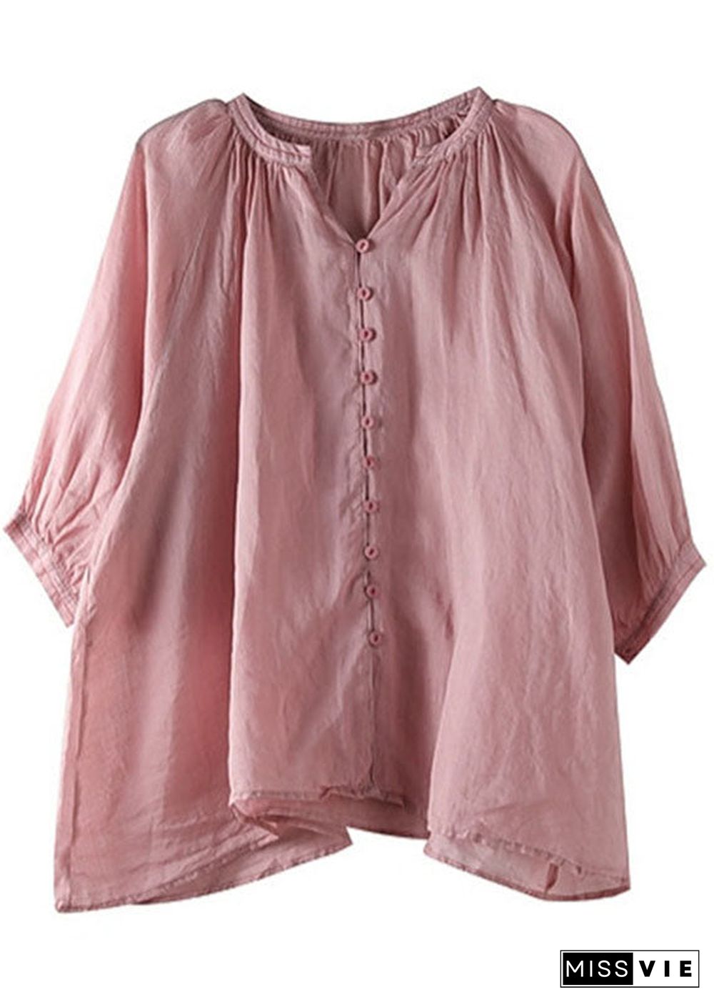 Italian Pink-purple flower V Neck Button Loose Fall Half Sleeve Blouse Top